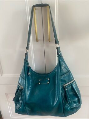 THE STONE Shiny Faux Leather Teal Slouchy Hobo Shoulder  Bag wth outside storage